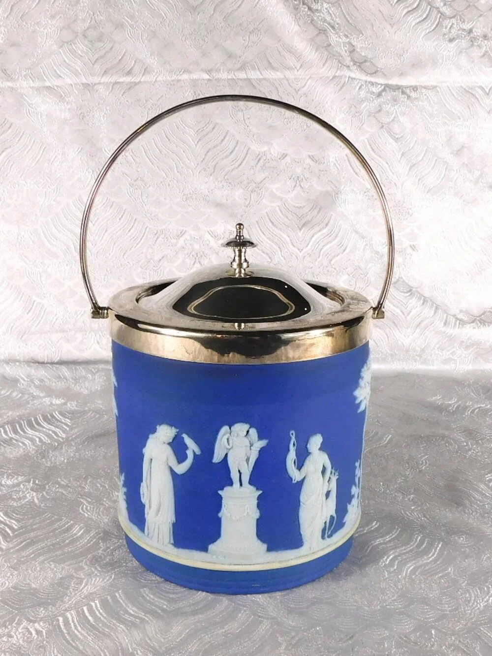 Wedgwood Cream on Dark Blue Jasperware Biscuit Barrel with Lid # 27806